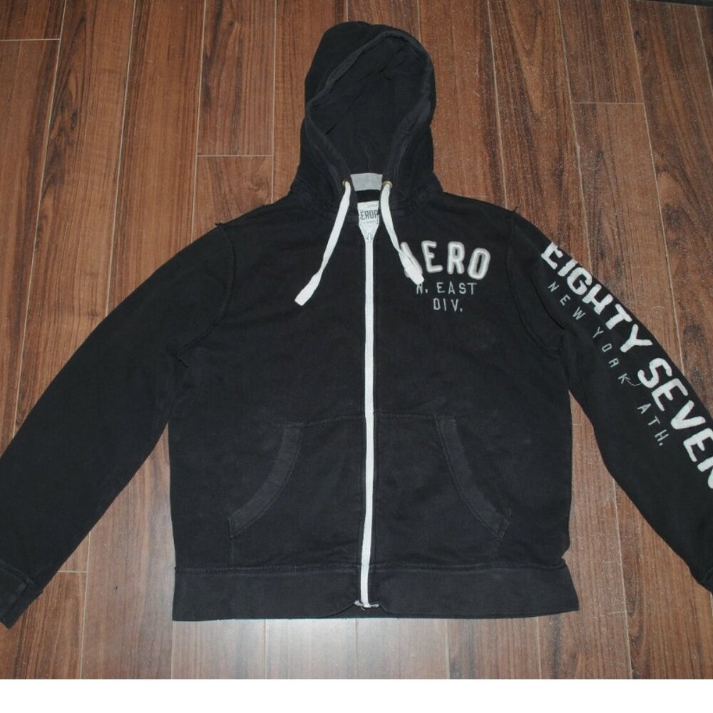 Aeropostale 1987 New York Aero N. East Div Black Full Zip Hoodie LG Chest 46"
